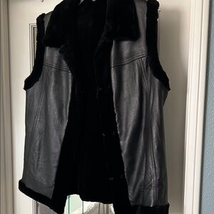 Women's Black Leather Vest with Faux Fur Trim